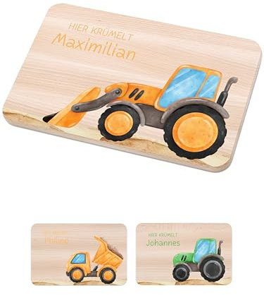 Bärenfreunde - Individuelles Holzbrett mit hochwertigem Spezial-Druck für Kinder - Personalisiertes Frühstücksbrettchen - Niedliche Motiv-Brettchen mit Namen (Bagger gelb)