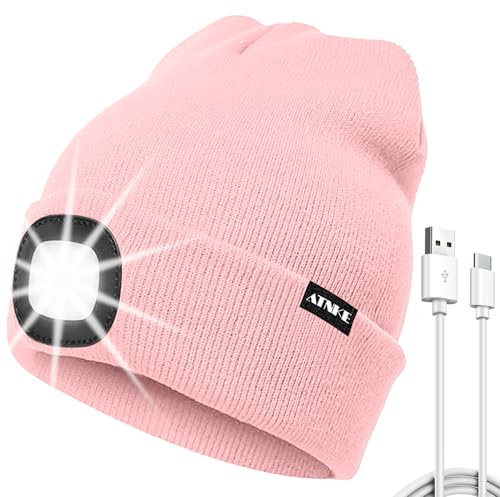 ATNKE LED Mütze mit Licht, USB Typ C Wiederaufladbare 4 LED Beleuchtete Laufmütze Extrem Heller Lampe Winter Warme Stricken Mütze für Herren und Damen Geschenke/Light Pink