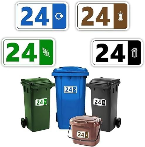4 x Bin Numbers for Wheelie Bins, 1-99, ‘Waste Icon’ Design, 10x19cm Dustbin Stickers, Easy Application Stick On Number Stickers - Weatherproof Self Adhesive Vinyl – Blue, Black, Green and Brown (24)