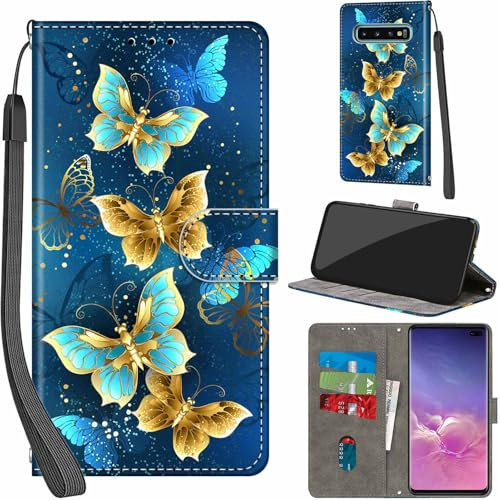 for Samsung Galaxy S10 Plus Case PU Leather Wallet Book Flip Folio Stand View Magnetic Multi-Pattern Cover compatible with Samsung S10 Plus Phone Case (Four Butterfly)