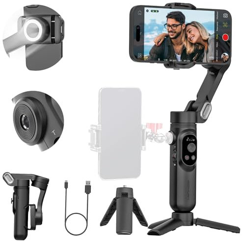 AOCHUAN 3-Achsen-Gimbal-Stabilisator für iPhone 16/15 Pro Android mit Gesichtserkennung, 1/4-Zoll-Gewinde, integriertes Fülllicht, tragbares Smartphone-Gimbal-Vlogging für TikTok-Smart X, Schwarz