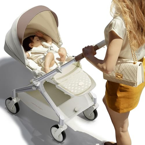 Hot Mom leichter Kinderwagen, breite Sitze, verstellbare Rückenlehne, große stoßdämpfende Räder, Magnesiumrahmen, Fahrtrichtung in Sekunden wechselbar, Modell F39 (White Brown)