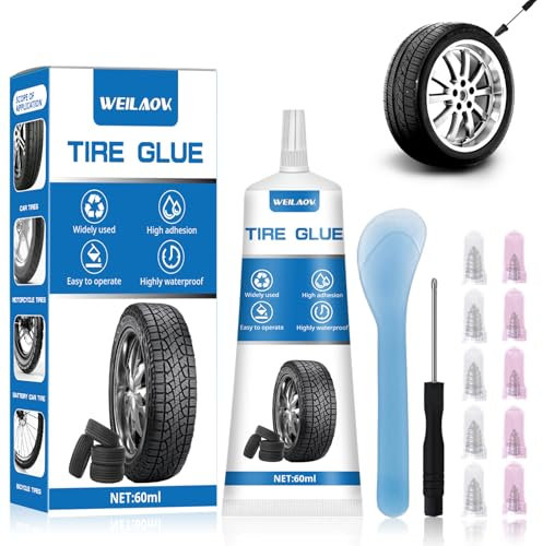 WEILAOK Rubber Glue for Tyres, Tyre Glue, Tyre Repair Glue, Car Tyre Repair Kit with 10pcs Tire Repair Rubber Nails for Quick Repair of Car and Motorcycle Tire, 60ml, Black