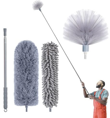 IVYROLL - Plumero para telarañas con palo extensible de 254 cm, kit de limpieza de techos de microfibra y chenilla, reutilizable, flexible y lavable