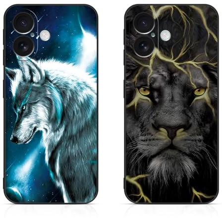 DiaryTown 2 Stück iPhone 16 Hülle Tier Muster Motiv Handyhülle Weich TPU Silikon Schwarz Case Kratzfest Stoßfeste Schutzhülle Ultra Dünn Cover für iPhone 16 - Wolf & Löwe