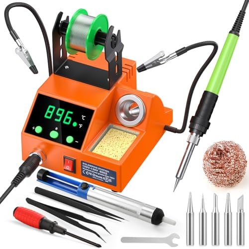 Soldering Station, 100W Digital Display Soldering Iron Station Kit with 2 Helping Hands, 356°F - 896°F, Auto Sleep, °C/°F Conversion, Solder Wire, Tips, Stand, Pump, Tweezers, Tip Cleaner, Orange