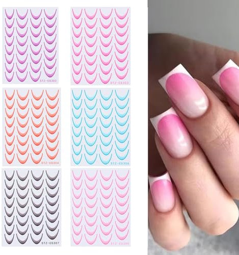 Cosmeria 3D French tip nail sticker set with 6 sheets, including 396 stickers for elegant nail design, self-adhesive and ultra-thin