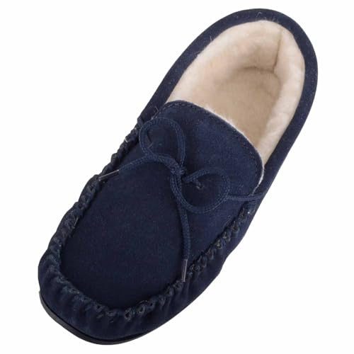 ABSOLUTE FOOTWEAR Womens Wool Lined Suede Moccasin with Lace Detail and Rubber Sole - Navy - UK 4 / EU 37