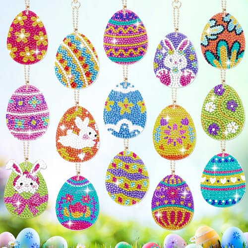 YMIFEEY 15 Stück Diamond Painting Ostern Osterei Set, Diamond Painting Kinder Frühling, Diamond Painting Schlüsselanhänger, Diamant Malerei Osterei Anhänger Ostern Bastelset DIY GeschenK (Ostereier)