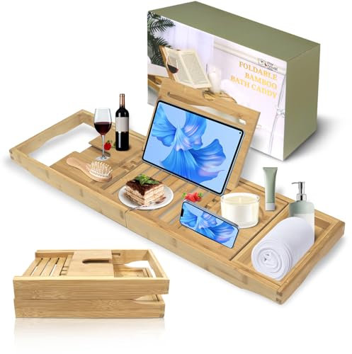 my novel things Bambus Badewannenablage,Faltbare Premium Badewannenbrett,Ausziehbares Badewannentablett aus Bambus,rutschfeste Badewannenablage,mit Buchablage