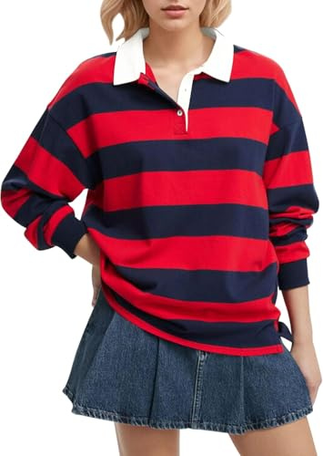 FENXIXIONE Women Long Sleeve Striped Polo Shirt Oversized Collar Y2k Pullover T Shirt Casual Loose Streetwear Rugby Sweatshirt (Red,XL)
