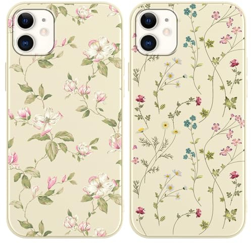 Saqmkil 2 Stück Handyhülle für iPhone 12/iPhone 12 Pro 6,1 Hülle, Aesthetic Muster Blumen Mädchen Frauen Case, Weich Silikon Dünn TPU Bumper Stoßfeste Kratzfest Schutzhülle Cover für iPhone 12, Beige