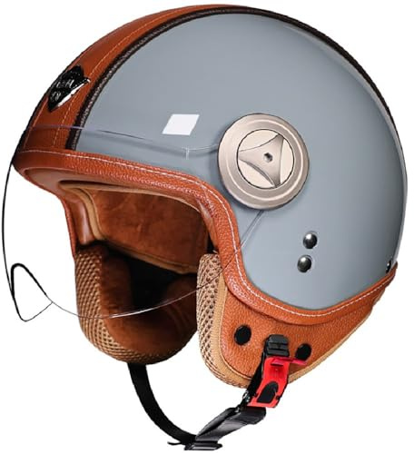 WZGGTEAM Jethelm mit Visier, Retro Leder Halbschalenhelm DOT/ECE 22.05 Zertifiziert Motorradhelm, Roller Helm Jet Helm Mopedhelm Herren und Damen, Open Face Helm Vintage