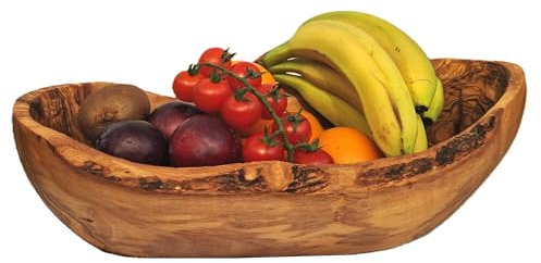 Cleminson Bol à fruits ovale en bois d'olivier sculpté à la main – Design rustique et unique, grain naturel