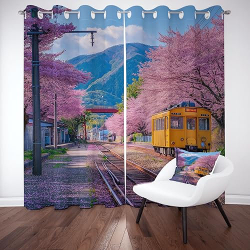 Kirschblüten Berg Fuji Vorhang Blickdicht Schallschutz, Frühling Natur Landschaft Gardinen mit Ösen 2er Set 240x70 cm, Japan Stadt Landschaft Verdunklungsvorhänge Schlafzimmer, Curtains Living Room