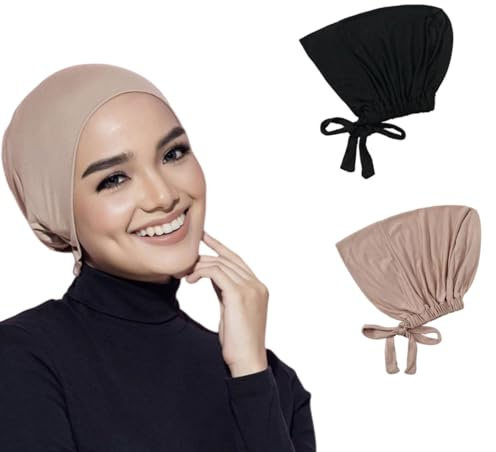 Heyumybit 2 Stück Hijab Kopftuch Damen,Frauen Undercap Elastische Atmungsaktive Hijab,Bindeverschluss Hinten Einfarbig,Chemo Kopftuch Schlafmütze