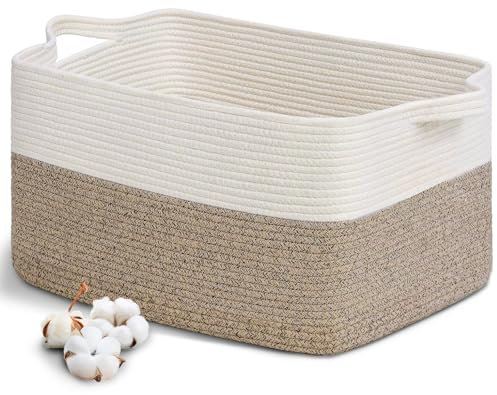 BUOAZR Grand Panier à Linge Tressé en Coton, 63L, avec Anse, 55x30 cm Corbeille à Linge de Corde en Coton, Panier de Rangement Pliables, pour Vêtements, Jouets, Linge, Salon, Chambre (Brun foncé)