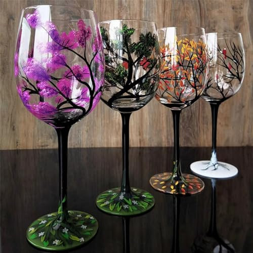 Four Seasons Tree Wine Glasses - Hand Painted Art Spring Summer Winter Fall Colored Painted Glassware Decorative Wine Glasses Set Unique Housewarming Gift (Stemless Glass Set of 4 520ml)