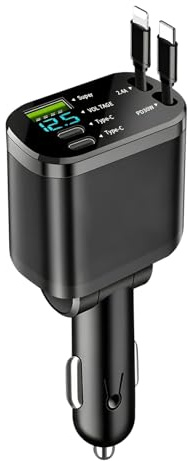 KUKUPOW Caricabatteria da Auto Retrattile USB C 5 in 1, PD 3.0 Accendisigari usb, per iPhone 16/15/14/13/12, iPad, Android, Galaxy, Pixel, Adattatore Accendisigari (Lightning + USB-C)