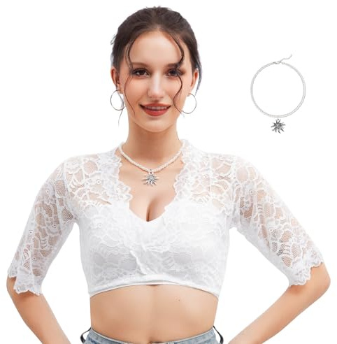 JJKOL Dirndl Bluse Damen, Dirndlbluse Spitze mit 1 Edelweißkette, Dirndlblusen Dirndl Bluse Spitze, Trachtenblusen Traditionelles Stretchhemd V-Ausschnitt Für Bayrische Tracht Oktoberfest, Weiß