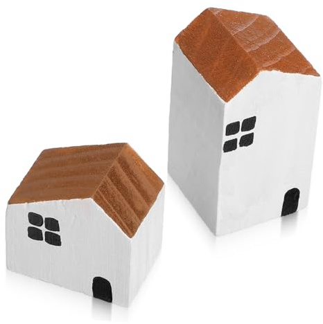 TOPPERFUN 2 Stück Holzhaus Deko aus Hochwertigem Holz Stabile Tischdeko Skulptur Deko Kreative Hausform für Wohnzimmer und Kinderzimmer