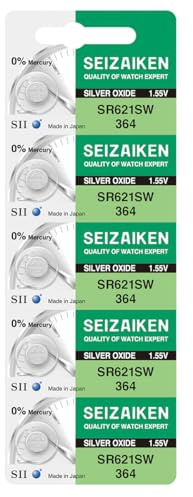 Seizaiken SR621SW 364 Silver Oxide Watch Battery, 1.55V, 0% Mercury, Made in Japan, Pack of 5