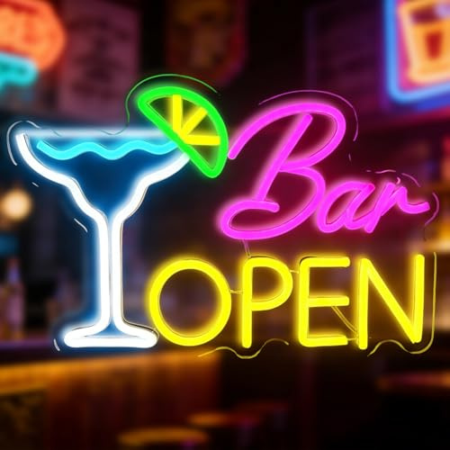 Bar Open Neon Schild, 40x26.5cm Cocktail Neon Sign für Neonlicht Wanddekoration, LED Dimmbar Schild mit USB Betrieb für Bar, Hausbar, Club, Schlafzimmer, Bistro, Party, Schaufenster Dekorationen