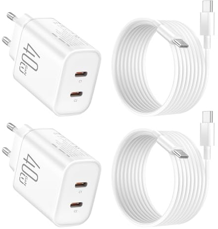 2Pack 40W Schnelllader, Doppel-Port USB C Handy Netzteil | Adapter mit 1,8 Meter Kabel für iPhone 17/17Pro/17Air/16/15, für iPad