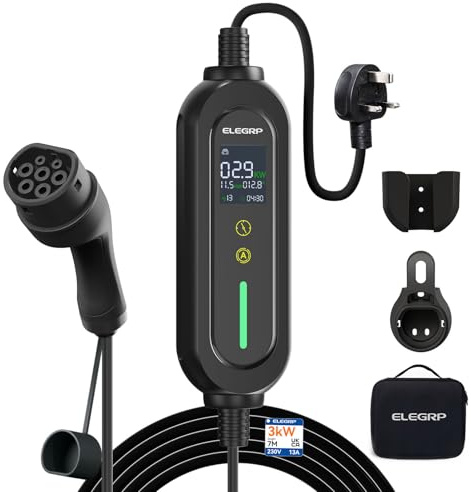 ELEGRP EV Charger Type 2 to 3 Pin Plug 7M/22.97Ft, 3kW Electric Car Charger [6/8/10/13A], Granny Type 2 Charging Cable IP66 Suitable for EVs & PHEVs