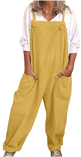 VPQILH Womens Cotton Linen Dungarees Ladies Sleeveless Jumpsuit Adjustable Straps Romper Solid Color Bib Overalls Loose Fit Bodysuit with Pockets Playsuit Summer Jumpsuits Size S-5XL