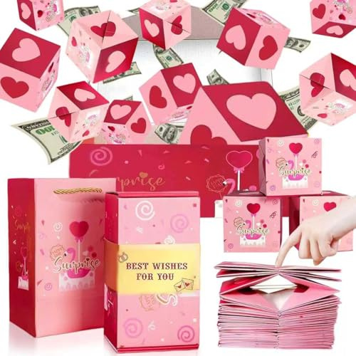 Upgrade DIY Überraschungsbox, Explodierende Geschenkbox Geburtstag, mit 16 Faltschachteln, Surprise Gift Box, Pop-Up Überraschungsbox für Eltern Liebhaber Freunde mit Geschenktüte - Rosa