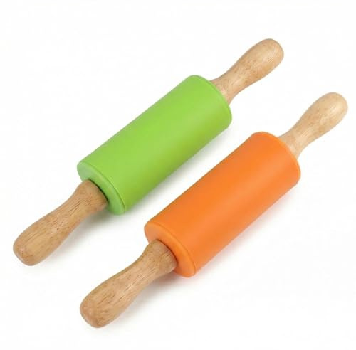 Lot de 2 Rouleaux à Pâtisserie en Silicone 22 cm, Antiadhésif Petit Rouleau pour Enfants et Adultes, Rouleau Pâte Alimentaire pour Fondant Cuisson Pâtisserie Vert Orange