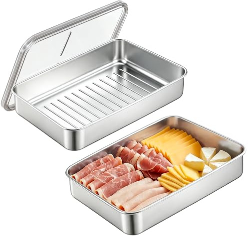 2 Stück Aufschnittboxen Edelstahl mit Deckel, Stapelbare, Spülmaschinenfest | für Kühlschrank Gefrierschrank, für Käse Fleisch Wurst Obst