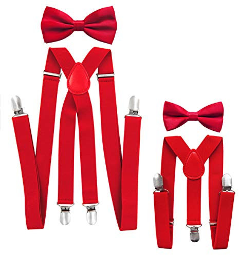 axy® Vater-Sohn Partnerlook Hosenträger mit Fliege Set für Herren-Damen-Kinder (Rot (Herren 2,5cm + Kinder Hosenträger Breit 2,5cm))