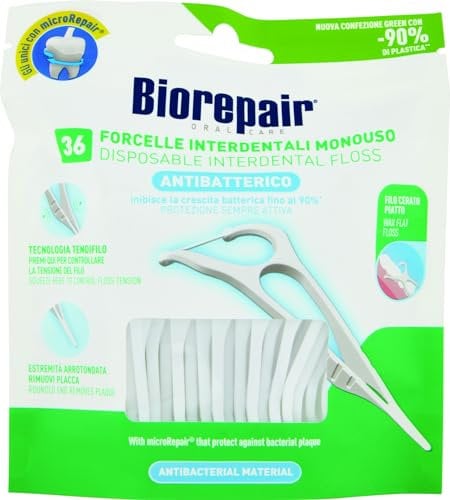 Biorepair, Forcelle Interdentali Monouso Con Microrepair® per Spazi Regolari e Stretti, per Igiene Orale, Ripara-Smalto, Aroma Menta Fresca, Pacco da 36 Pezzi