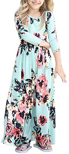 YIJODM Girls Floral Maxi Dress, Flower Printed Short Sleeves Dress with Pockets Summer Long Holiday Dress, Green-3/4 Sleeve, 5-6 Years
