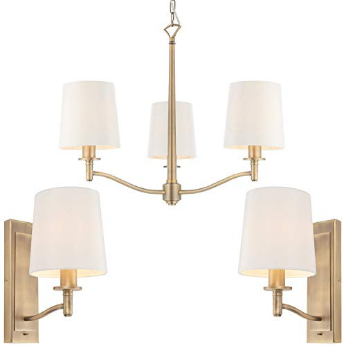 3 Bulb/Arm Ceiling Pendant & 2X Single Wall Light Pack | Matt Antique Brass & Vintage White Shade Set | Matching Indoor Lamp Fittings | Modern Lounge Bedroom Chandelier Lighting kit –LED & Dimmable