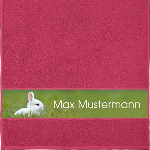 Manutextur Handtuch mit Namen - personalisiert - Motiv Tiere - Kaninchen - viele Farben & Motive - Dusch-Handtuch - Fuchsia - Größe 50x100 cm - persönliches Geschenk mit Wunsch-Motiv und Wunsch-Name