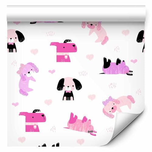 murando - Tapete selbstklebend 10m Wandtattoo dekorative Möbelfolie Dekorfolie Fotofolie Panel Wandaufkleber Wandposter Wandsticker - Kinderzimmer Tiere Hunde rosa Herz g-B-0173-j-a