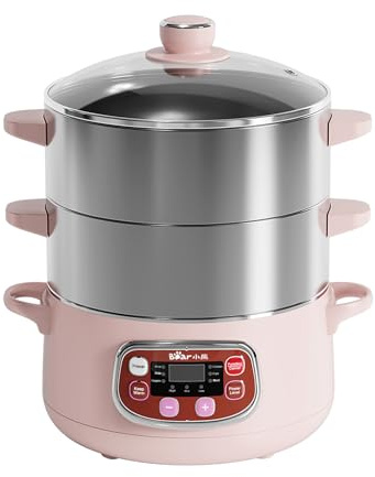 Bear 8.5Qt Digital Electric Food Steamer, 1200W 2-Tier Stainless Steel Vegetable Steamer with Timer, Auto Shut-Off & Anti-Dry Protection, Multifunctional Stackable Food Steamer，DZG-A80A2，Pink