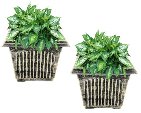 SG Plant Pot, Large Square Plastic Planter for Garden, Flower Pots with Drainage Holes for Indoor and Outdoor, Container for Houseplants, Blackish Silver & Gold wash,26cm,31cm,34cm(Pack of 2)