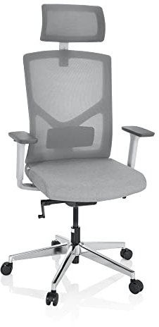 hjh OFFICE 751000 Profi Bürostuhl Breton PRO W Stoff/Netz Hellgrau Drehstuhl mit Kopfstütze & Lordosenstütze höhenverstellbar