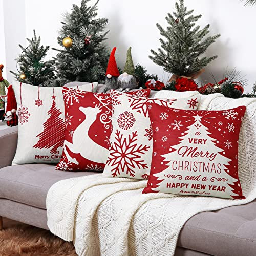 LuxFocus 4 Stück Frohe Weihnachten Kissenbezüge Dekokissen für Sofa Weihnachten Raumdekoration Baumwolle Leinen Rot Dekorativer Weihnachtsquadrat-Kissenbezug Hirsch und Schneeflocke 45 * 45 cm