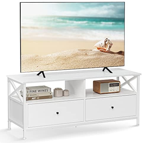 VASAGLE Mueble de TV, Mesa de TV de hasta 55 Pulgadas, Largo de 120 cm, con 2 Cajones y 2 Estantes Abiertos, 40 x 120 x 50 cm, para Salón, Dormitorio, Marco de Acero, Blanco LTV300B46