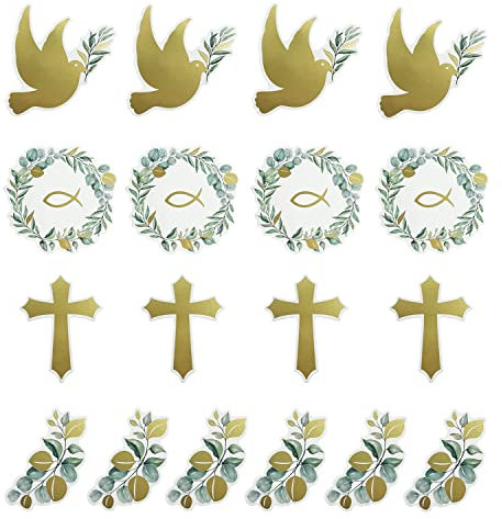 Oblique Unique® Konfetti Set 18 teilig Fisch Kreuz Taube Zweig in Gold Grün als Tischdeko für Taufe Kommunion Konfirmation Hochzeit Deko Taufdeko