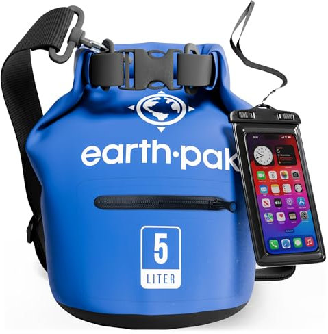 Earth Pak Dry Bag – Wasserdichter Packsack mit Reißverschluss Tasche, Schultergurt und wasserfester Handyhülle – Ideal beim Kajak Fahren, Camping, Angeln, Bootfahren und Rafting (Blau, 5L)