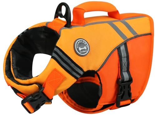 VIVAGLORY Giubbotto Salvagente Stile Sportivo per Cane con Flottabilità Aggiuntiva, Gilet da Nuoto Regolabile e Resistente per Cani Piccoli, Arancione Scuro