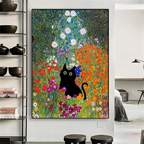 Klassisches Poster Gustav Klimt Garten Katzendruck Blumen Schwarz Katze Kunst Leinwand Malerei Floral Lustige Katze Bilder Schlafzimmer Dekor 50X70Cm Kein Rahmen
