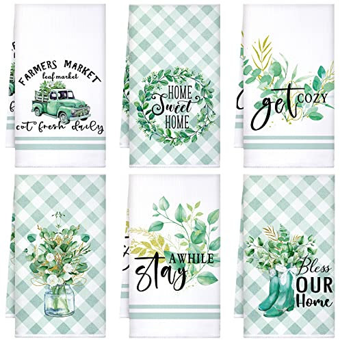 Set mit 6 Eukalyptus-Küchentüchern mit grünen Blättern, saugfähige Geschirrtücher, 61 x 40,6 cm, Eukalyptus, gemütlich, Liebhaber, Geschenke, Urlaub, Hochzeit, Geschenke, Handtücher für Bauernhaus,