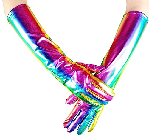 JIHUOO Glänzende Regenbogen-Handschuhe, Kunstleder-Handschuhe, Rave-Party-Handschuhe, Armstulpen, Halloween, Cosplay, Kostüm, Zubehör für Damen, bunt, 36 cm